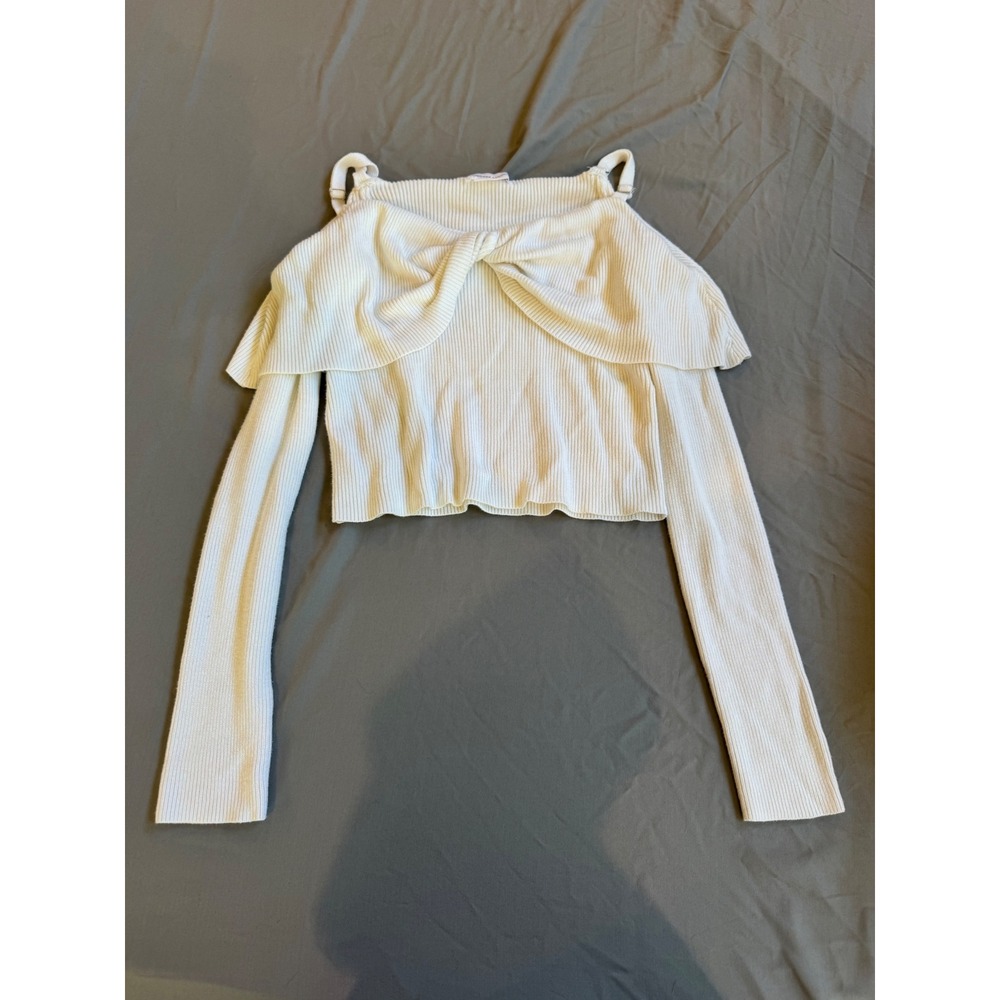 Lovers + Friends White Ribbed Cold Shoulder Knot Front Crop Top Small